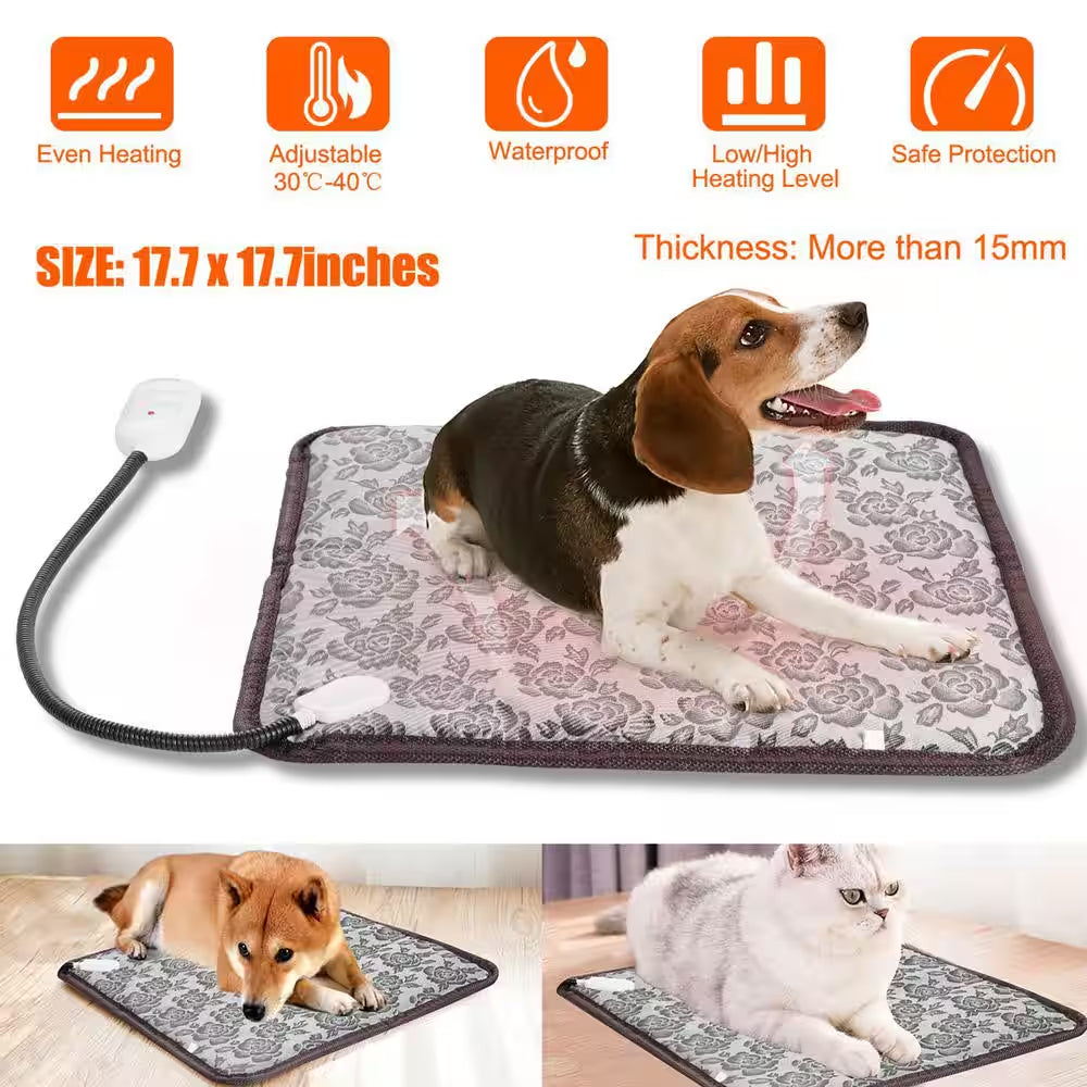 17.7 In. X 17.7 In. Pet Heating Pad Small Dog Cat Bed Electric Heating Mat Waterproof Adjustable Warming Blanket
