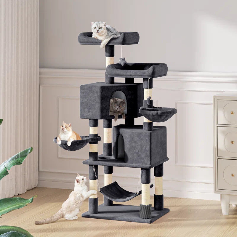 Luann 58" Cat Tree, Kitten Tower Condo Cat House with Sisal Scratching Post, Hammock and Perch Bed