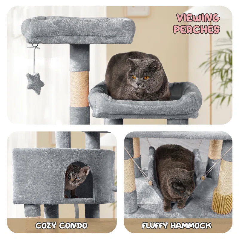 Luann 58" Cat Tree, Kitten Tower Condo Cat House with Sisal Scratching Post, Hammock and Perch Bed