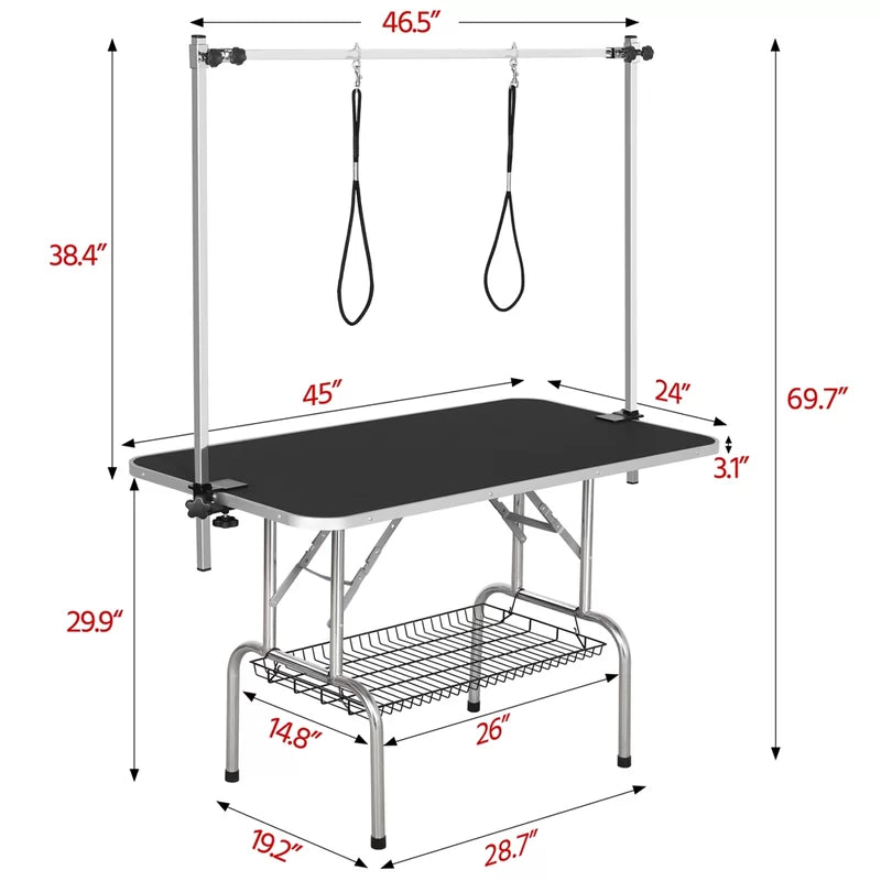 69.7'' H X 46.5'' W X 24'' D Adjustable and Foldable Dog Folding Grooming Table