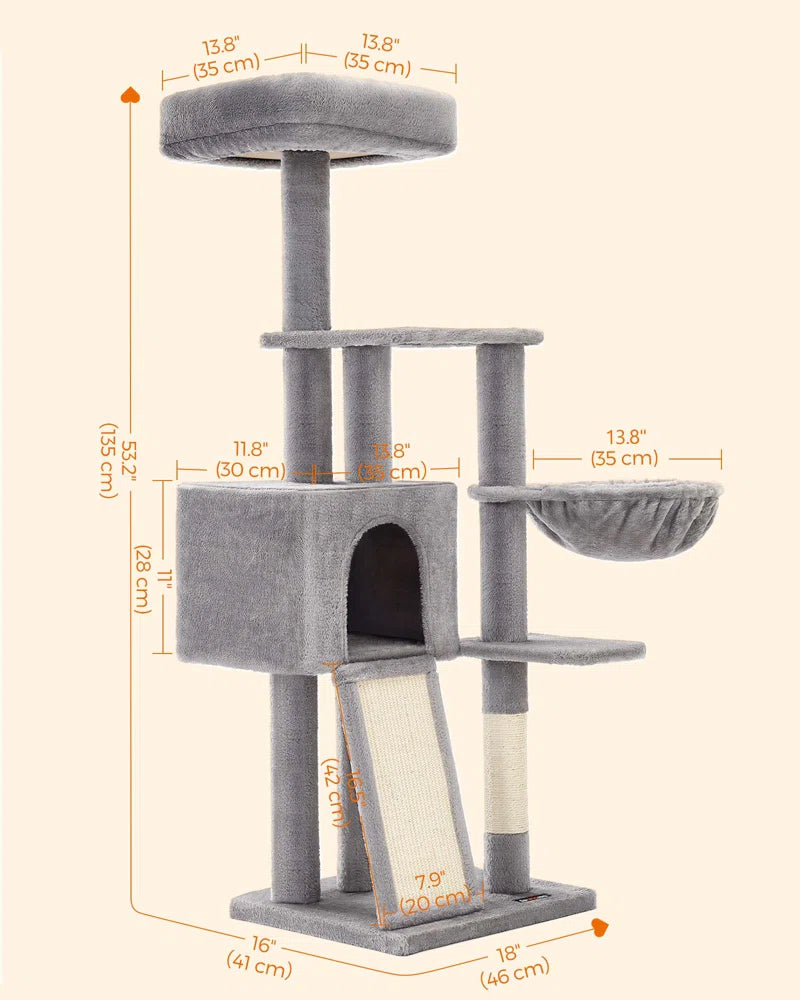 53.2" Crewkerne Multi-Level Cat Tree with Sisal Scratching Post, Ramp and Perch Bed