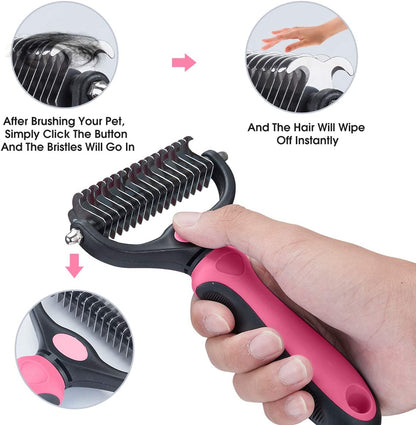 Pet Grooming Tool - 2 Sided Undercoat Rake for Cats and Dogs - Safe Dematting Comb for Easy Mats & Tangles Removing - No More Nasty Shedding and Flying Hair