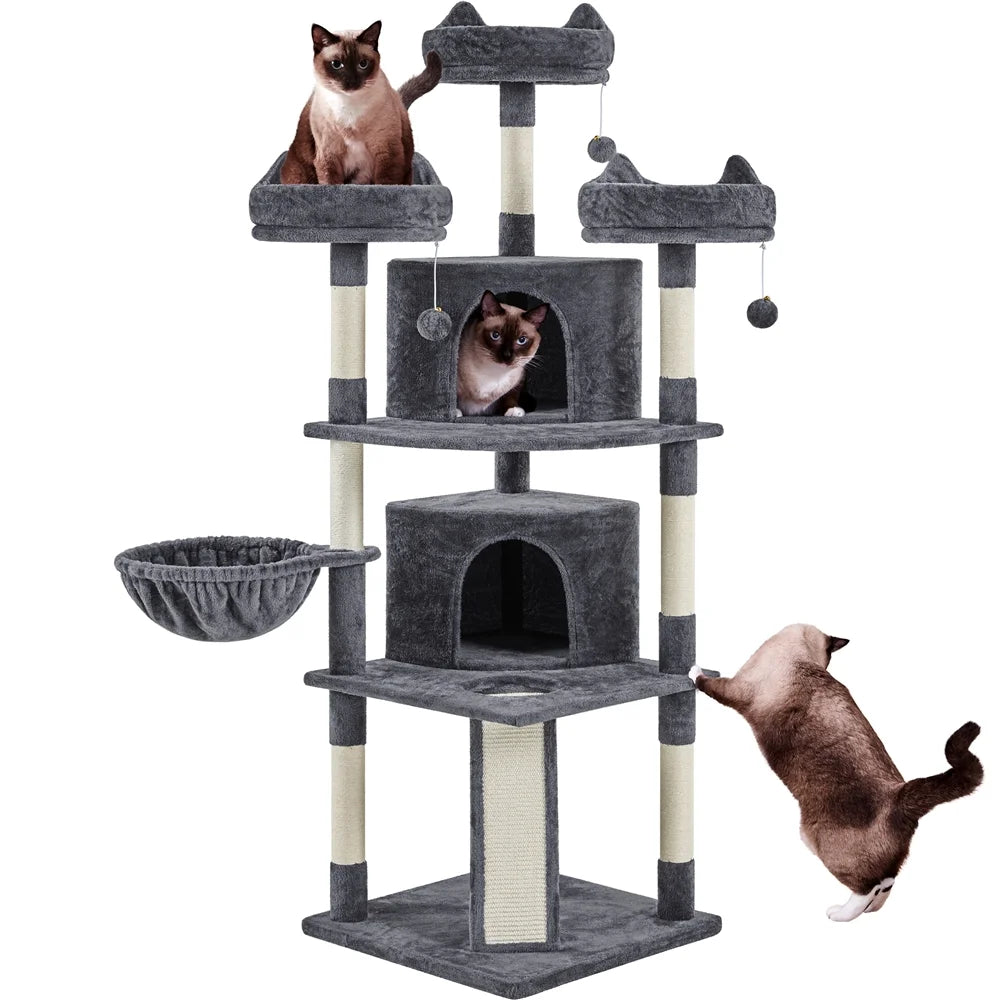 Large Cat Tree Plush Tower with Caves Condos Platforms Scratching Board, Dark Gray