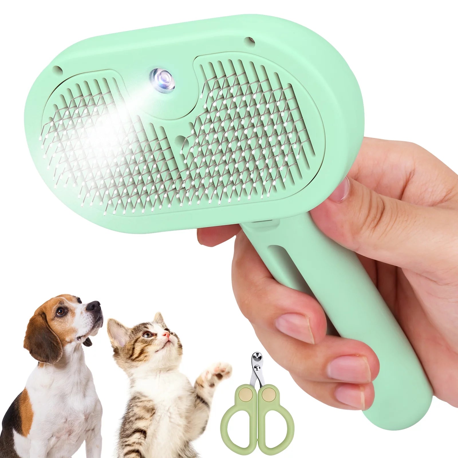 Auto Spray Cat/Dog Hair Brush to Wet Hair,2In1 Cleaning Brutsh,Extra Gain Cat Nail Clipper,Green