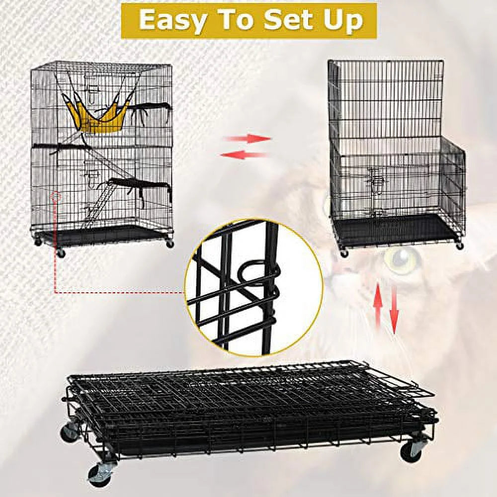 Cat Crate & Dog Kennel, 48", 3 Beds, 2 Doors, Ramp, Perches & Hammock