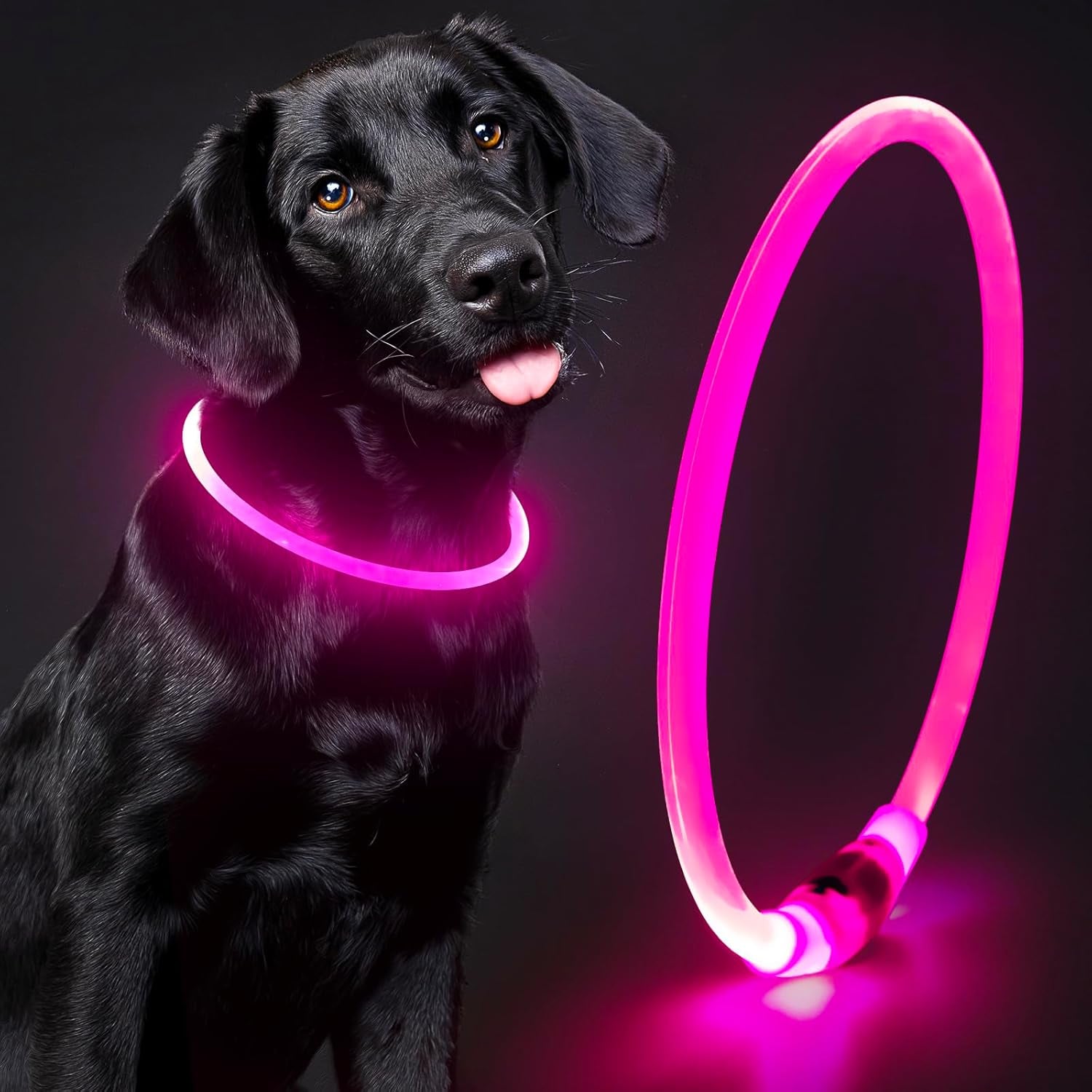 Light up Dog Collar - Waterproof LED Pet Collar Rechargeable, TPU Cuttable Glow in the Dark Dog Lights for Night Walking (Pink)