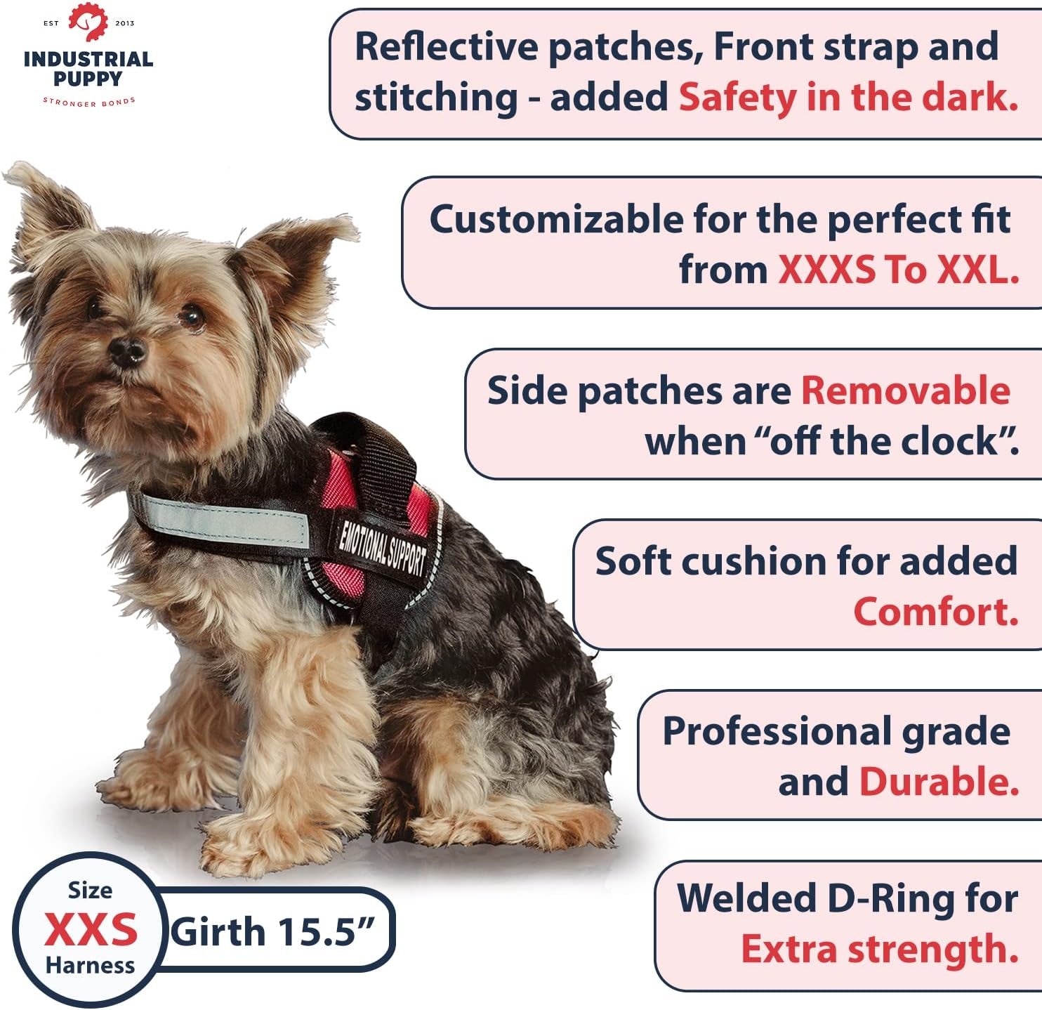 Emotional Support Vest Harness with Hook, Loop Straps and Handle, 2 Reflective Emotional Support Self-Adhesive Straps, Detachable, ESA Matching Leash Set, Dog Accessories, XXS, Red