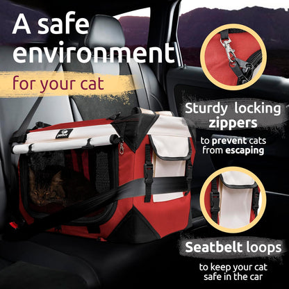 Large Cat & Dog Carrier for 2 Cats or Medium Dogs, Soft-Sided, Collapsible with Locking Zippers, Portable Travel Bag with Soft Bed, Red