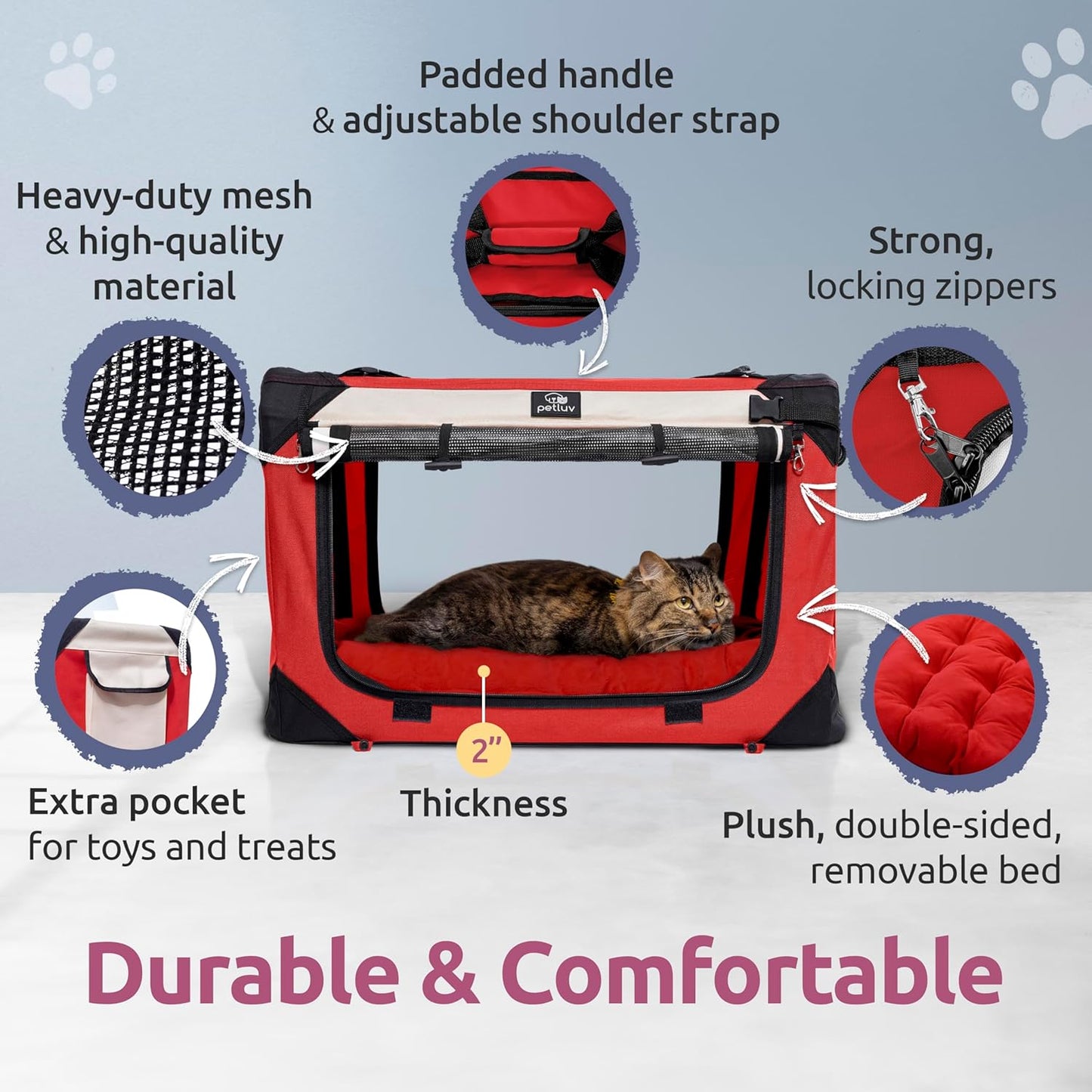 Large Cat & Dog Carrier for 2 Cats or Medium Dogs, Soft-Sided, Collapsible with Locking Zippers, Portable Travel Bag with Soft Bed, Red