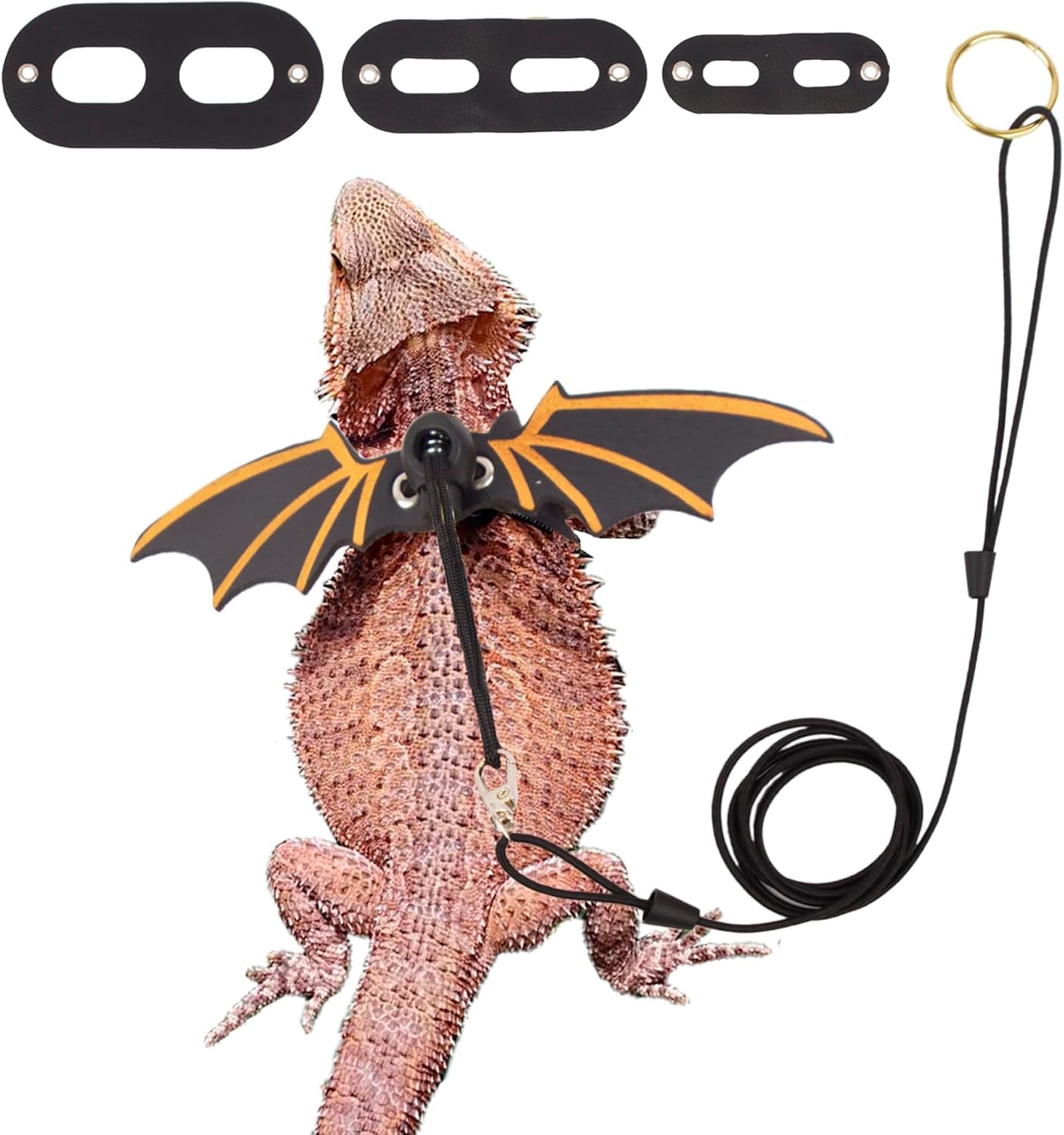 Bearded Dragon Leash Harness, 3 Size Pack Black Leather Wing Lizard Harness with Removable Lizard Leash for Bearded Dragon Lizard Reptiles (Black)