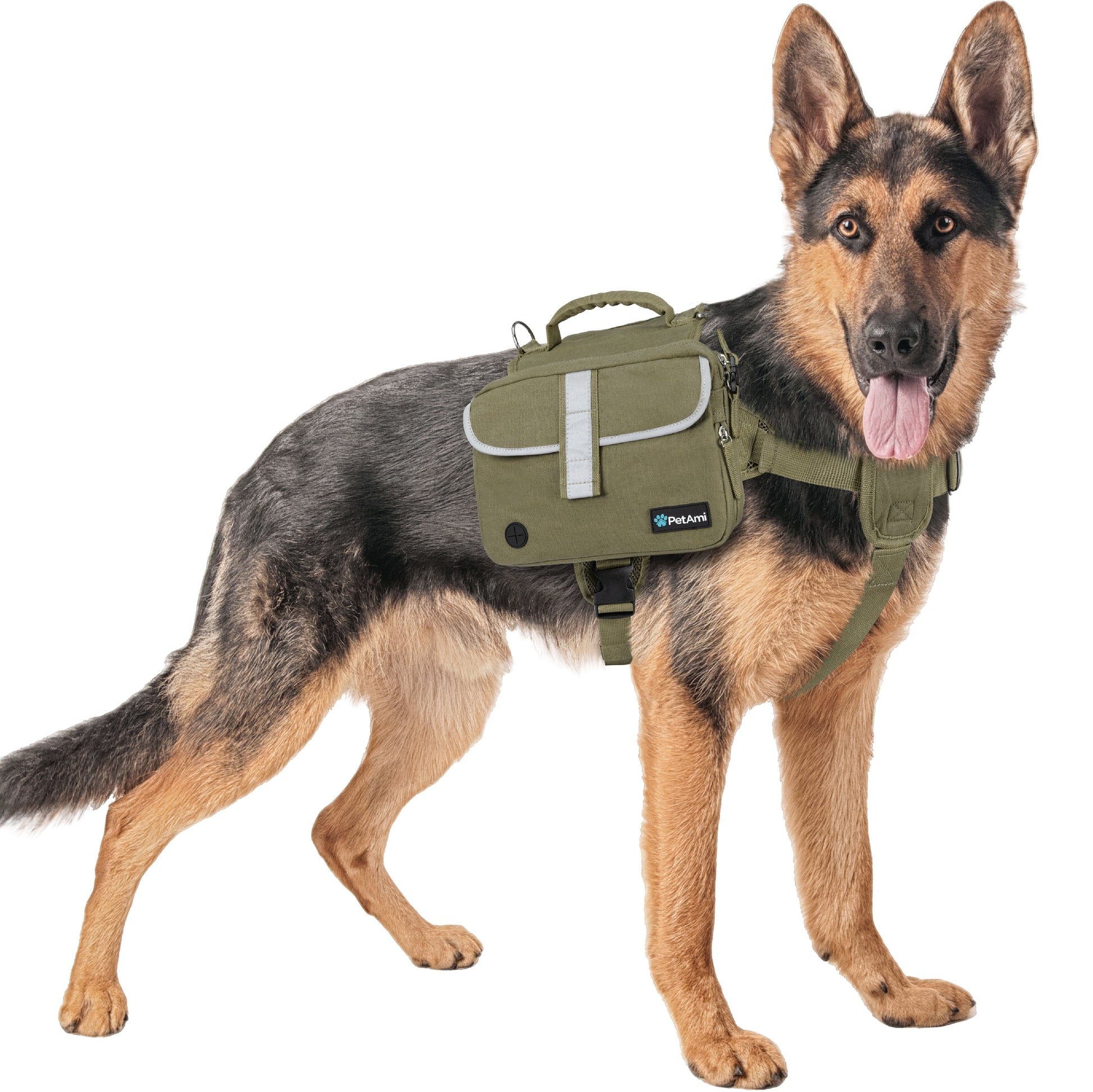 Dog Backpack for Medium Large Dogs, Dog Saddle Bag for Dogs to Wear, Tactical Harness Saddlebag with Reflective Safety Side Pockets Hiking Camping, Vest Dog Pack for Travel (Olive Green, Large)