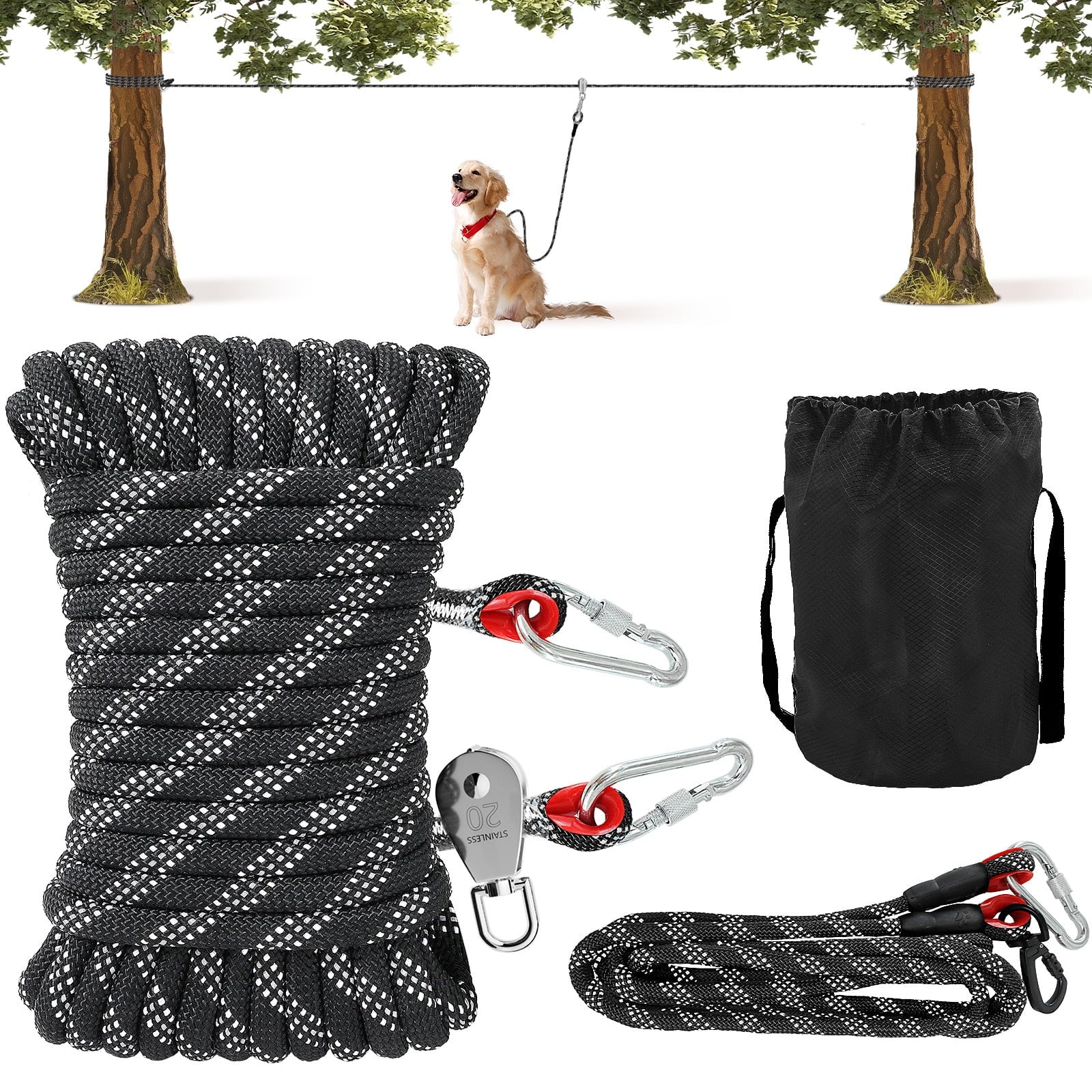 Dog Tie Out Cable for Camping, 50Ft Dog Chair for Yard Hold up to 250Lbs, Portable Pet Camping Essentials for Outside,Black,Nylon