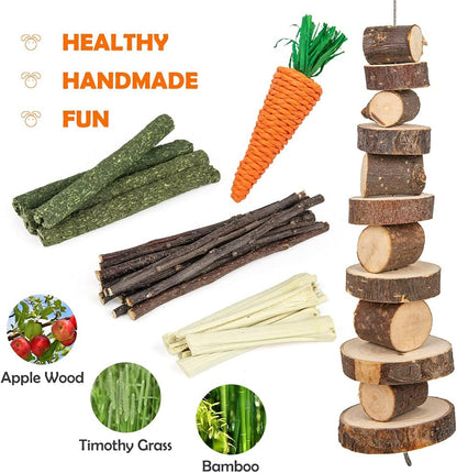 Rabbit Toys Bunny/Guinea Pig Toys Natural Timothy Hay Hamster Toys for Teeth Handmade Chews and Treats Apple Wood Sticks Chinchilla Rat