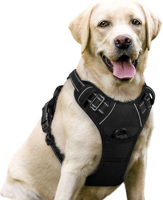 Dog Harness, No-Pull Pet Harness with 2 Leash Clips, Adjustable Soft Padded Dog Vest, Reflective Outdoor Pet Oxford Vest with Easy Control Handle for Large Dogs, Black