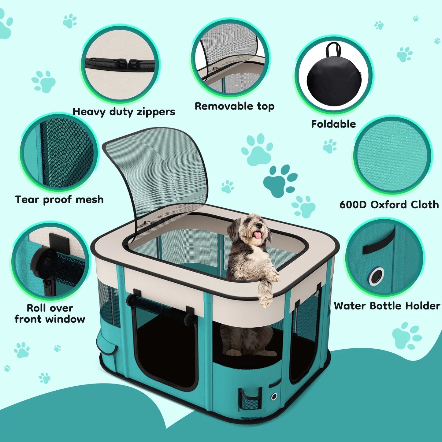 Pet Playpen, Foldable Portable Dog Cat Playpens Exercise Kennel Tent, Removable Shade Cover, Indoor Outdoor Travel Camping Use(M)