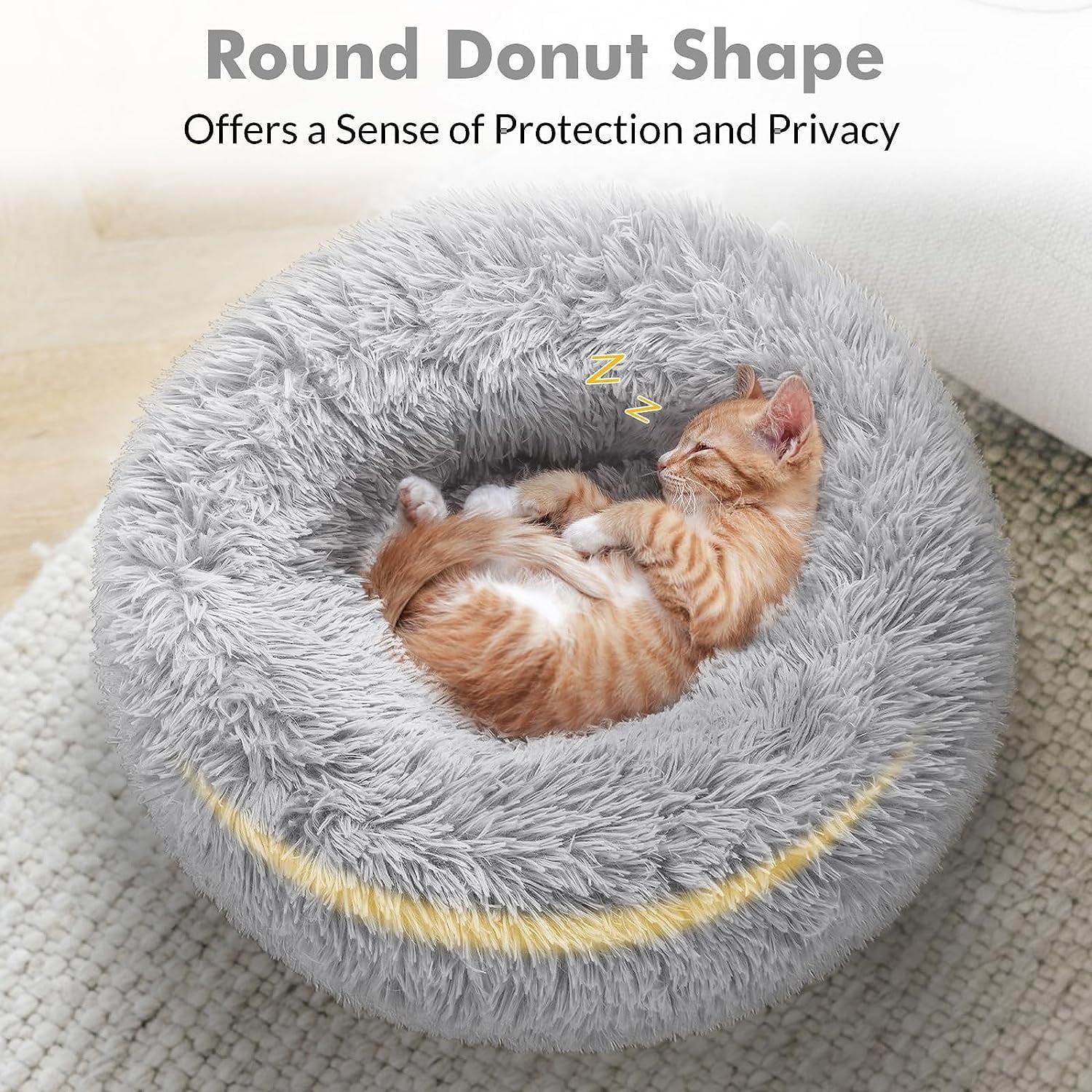 Cat Bed for Indoor Cats, Fluffy round Self Warming Calming Soft Plush Donut Cuddler Cushion Pet Bed for Small Dogs Kittens, 20 Inches