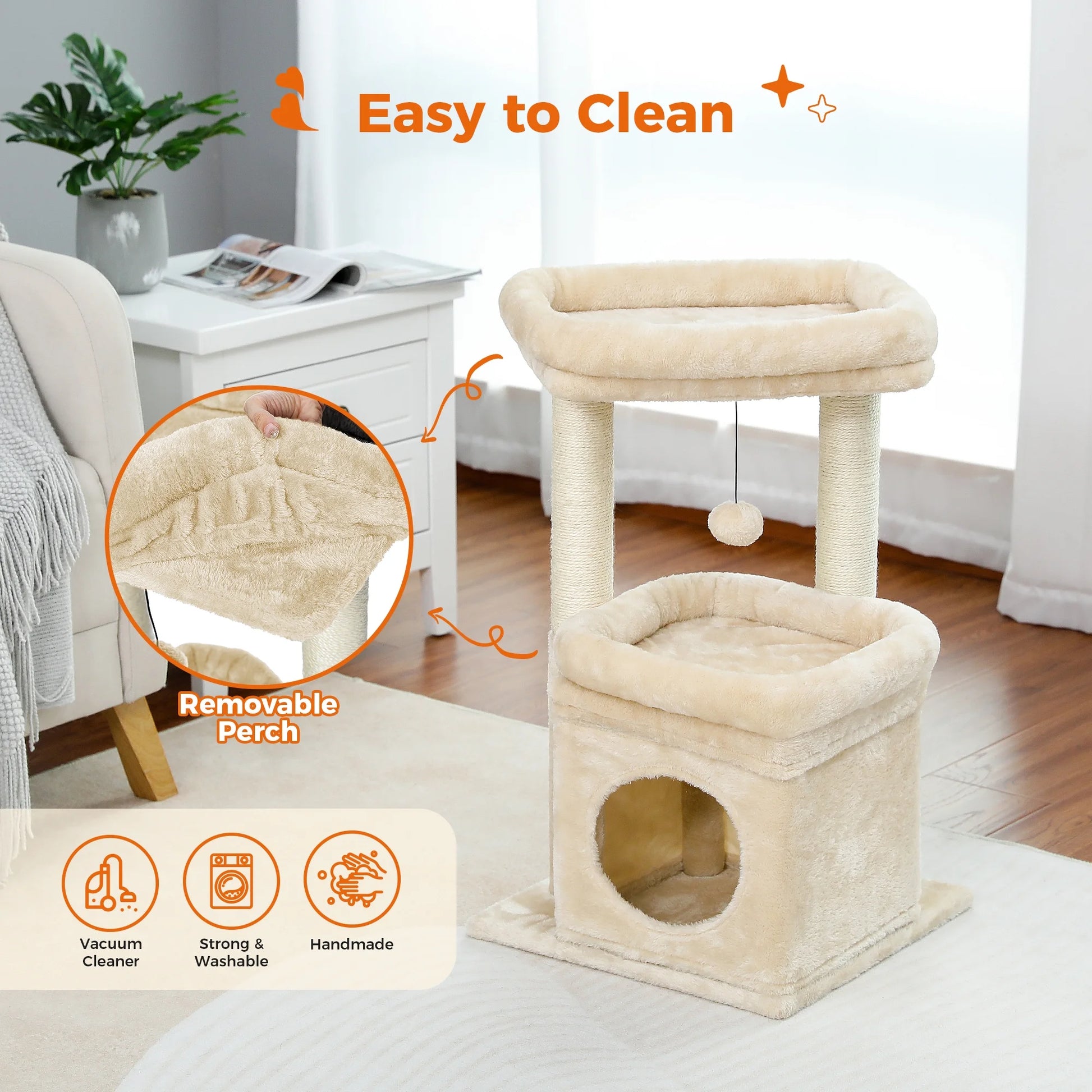 27" Cat Tree for Medium Cats Plush Condo and Scratching Posts, Beige