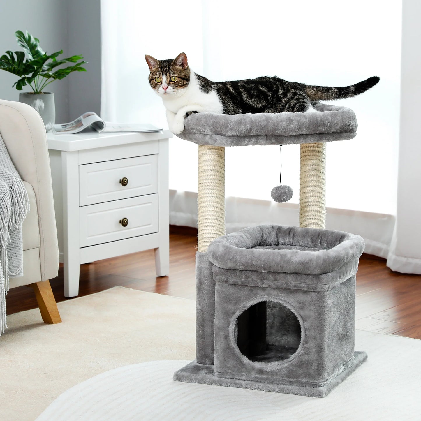 Cat Tree Condo 27" Cat Tower with Large Top Perch and Scratching Posts for Kittens and Medium Cats, Gray