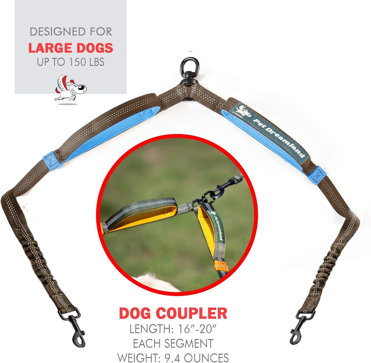 Exquisite Double Leash for Two Dogs - 2 Dog Leash Coupler - Double Dog Leash for Large Dogs - Two Dog Leash No Tangle Splitter - Dual Dog Leash Attachment (Coupler Only, Large, Grey & Blue)