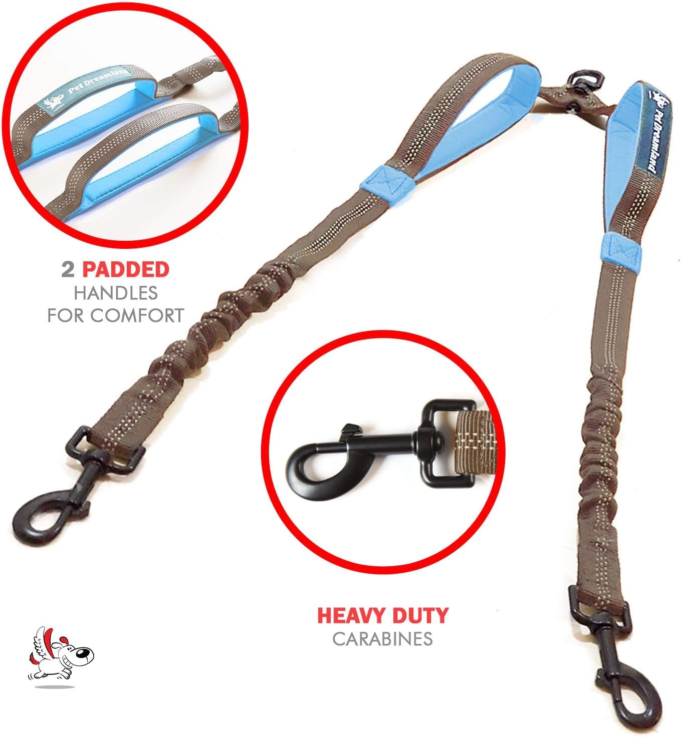 Exquisite Double Leash for Two Dogs - 2 Dog Leash Coupler - Double Dog Leash for Large Dogs - Two Dog Leash No Tangle Splitter - Dual Dog Leash Attachment (Coupler Only, Large, Grey & Blue)