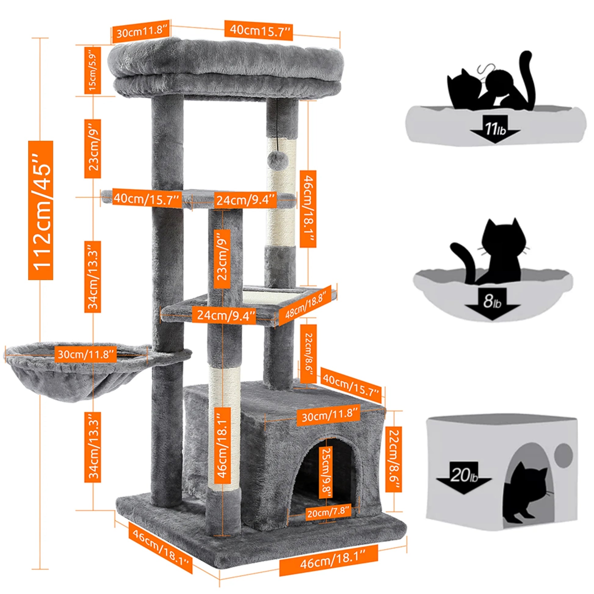 Cat Tree for Indoor Cats, Multi-Level Cat Tower with Sisal Covered Scratching Posts, Spacious Condo, Cozy Hammock and Plush Top Perch