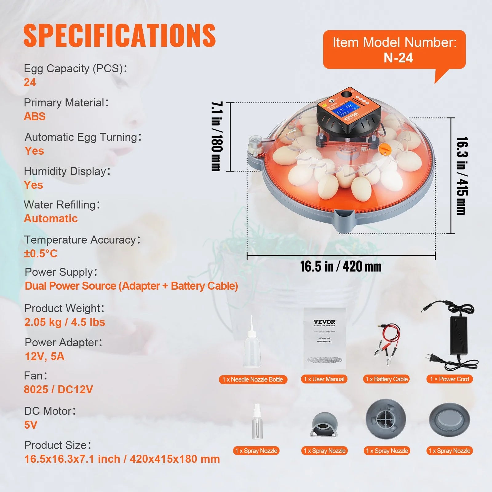 VEVOR Egg Incubator, Incubators for Hatching Eggs, Automatic Egg Turner with Temperature and Humidity Control, 24 Eggs Poultry Hatcher with ABS Transparent Shell for Chicken, Duck, Quail