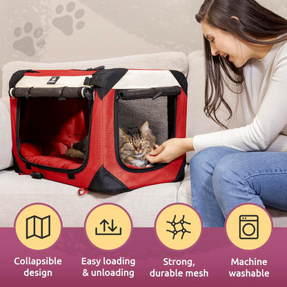 Large Cat & Dog Carrier for 2 Cats or Medium Dogs, Soft-Sided, Collapsible with Locking Zippers, Portable Travel Bag with Soft Bed, Red