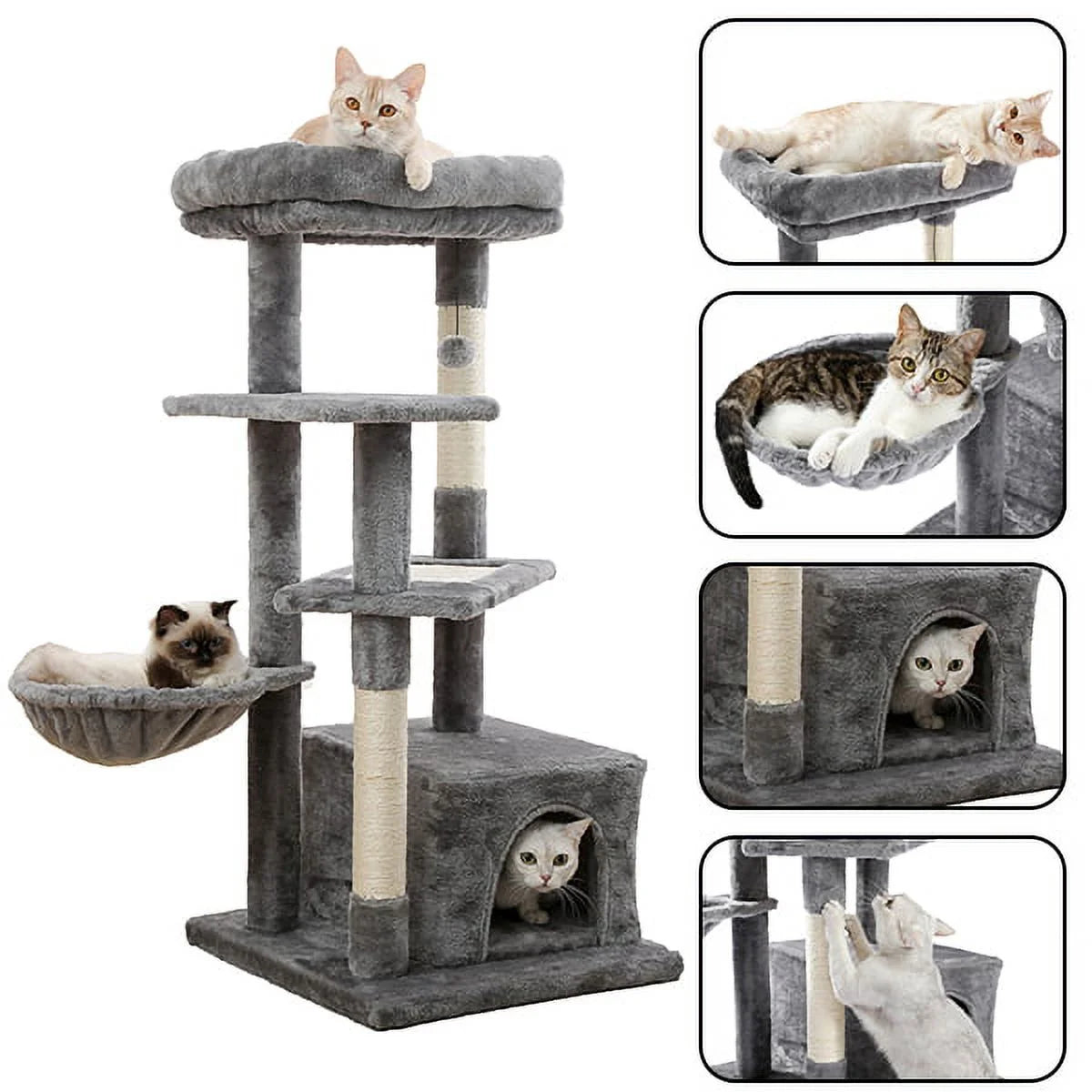 Cat Tree for Indoor Cats, Multi-Level Cat Tower with Sisal Covered Scratching Posts, Spacious Condo, Cozy Hammock and Plush Top Perch