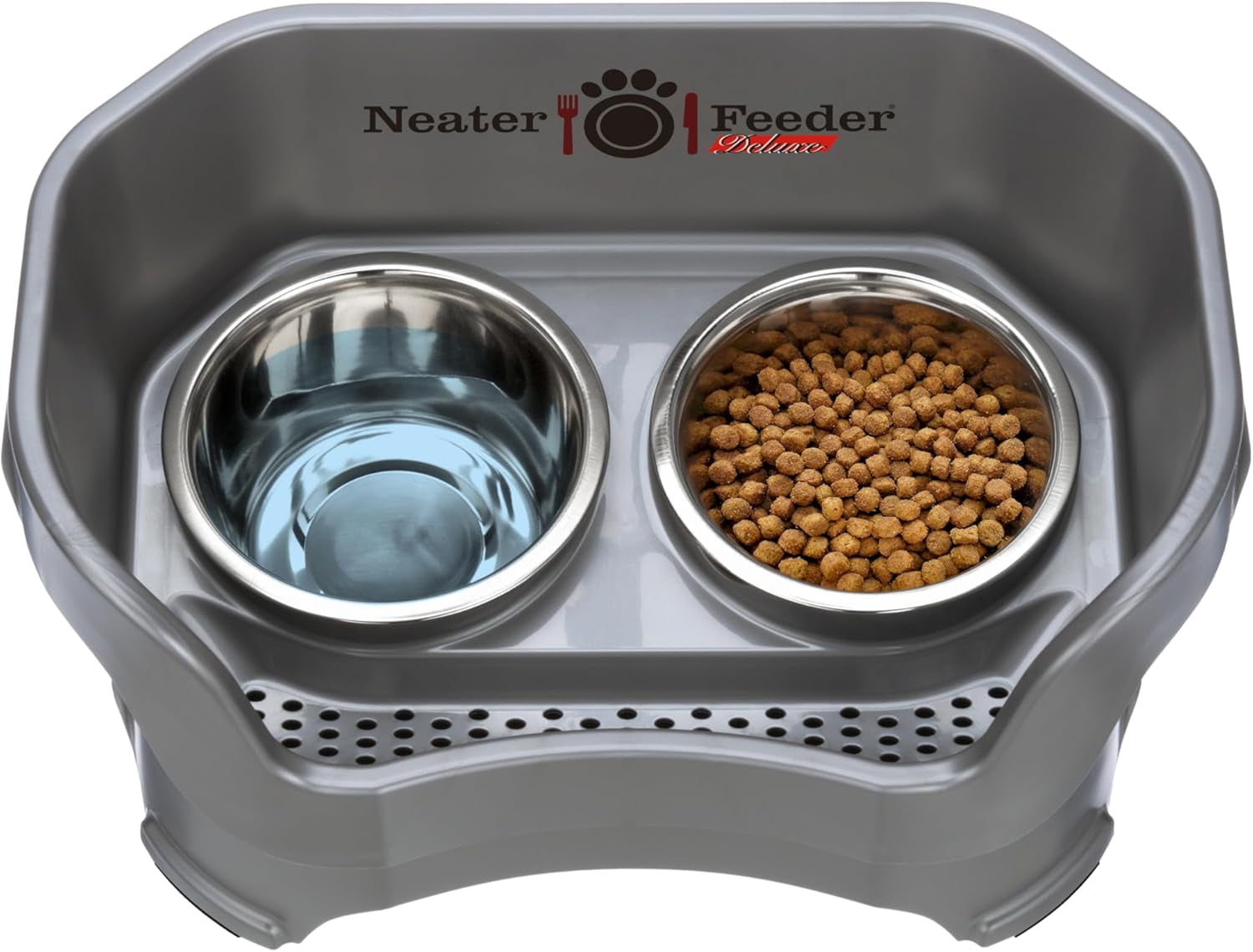 Neater Feeder Deluxe Mess Proof Dog Bowls Elevated Medium Sized Dog Breed – Made in USA – No Spill Raised Dog Food Bowl Stand – Stainless Steel Food and Water Bowl Set, Pet Feeding Station, Grey