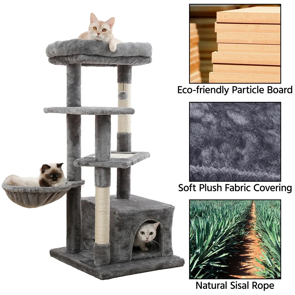 Cat Tree for Indoor Cats, Multi-Level Cat Tower with Sisal Covered Scratching Posts, Spacious Condo, Cozy Hammock and Plush Top Perch