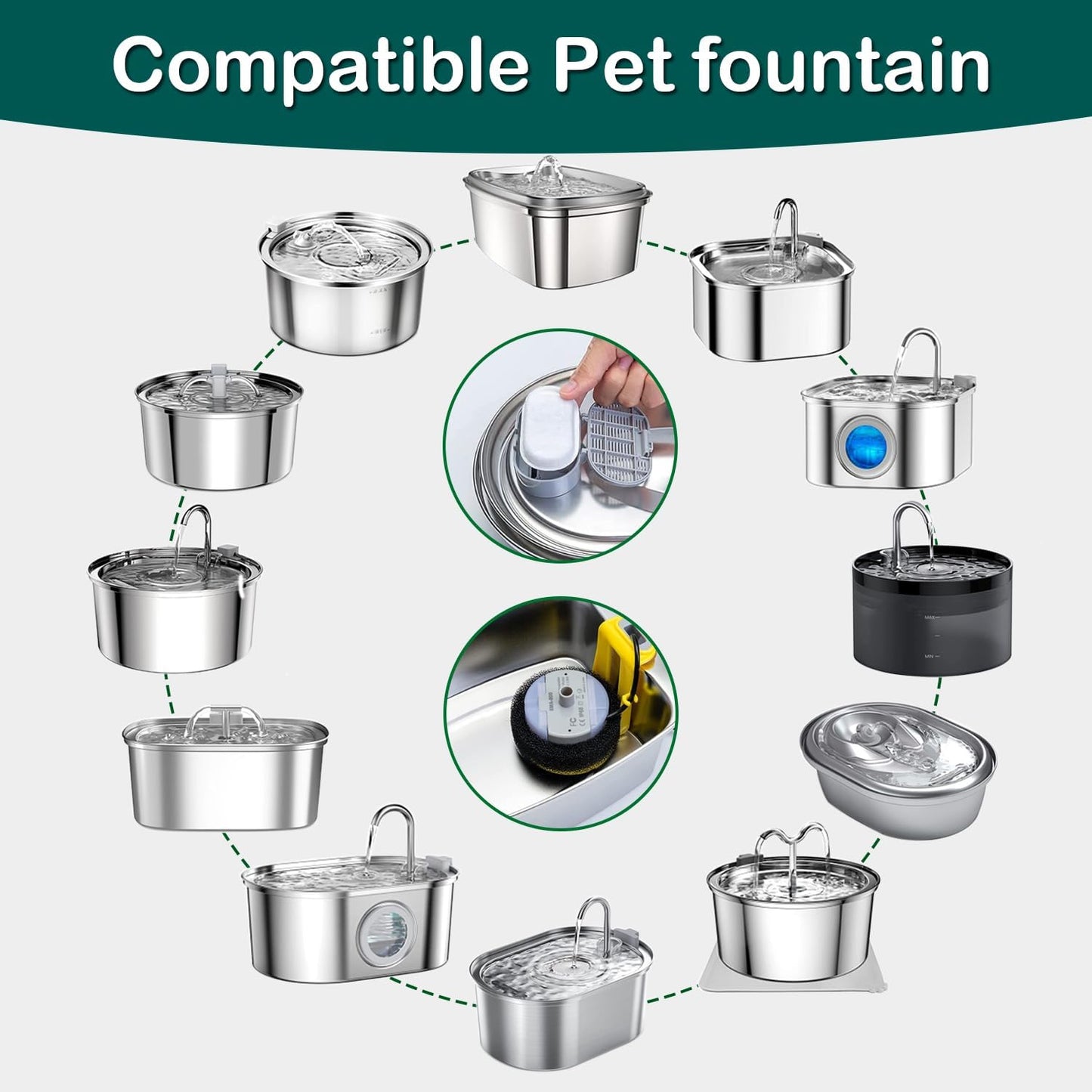 Cat Water Fountain Filters,16 Pack Cat Fountain Replacement Filters for Stainless Steel 67Oz/2L Adjustable Water Flow Pet Water Fountain,Dog Water Fountain (8+8 Pack)