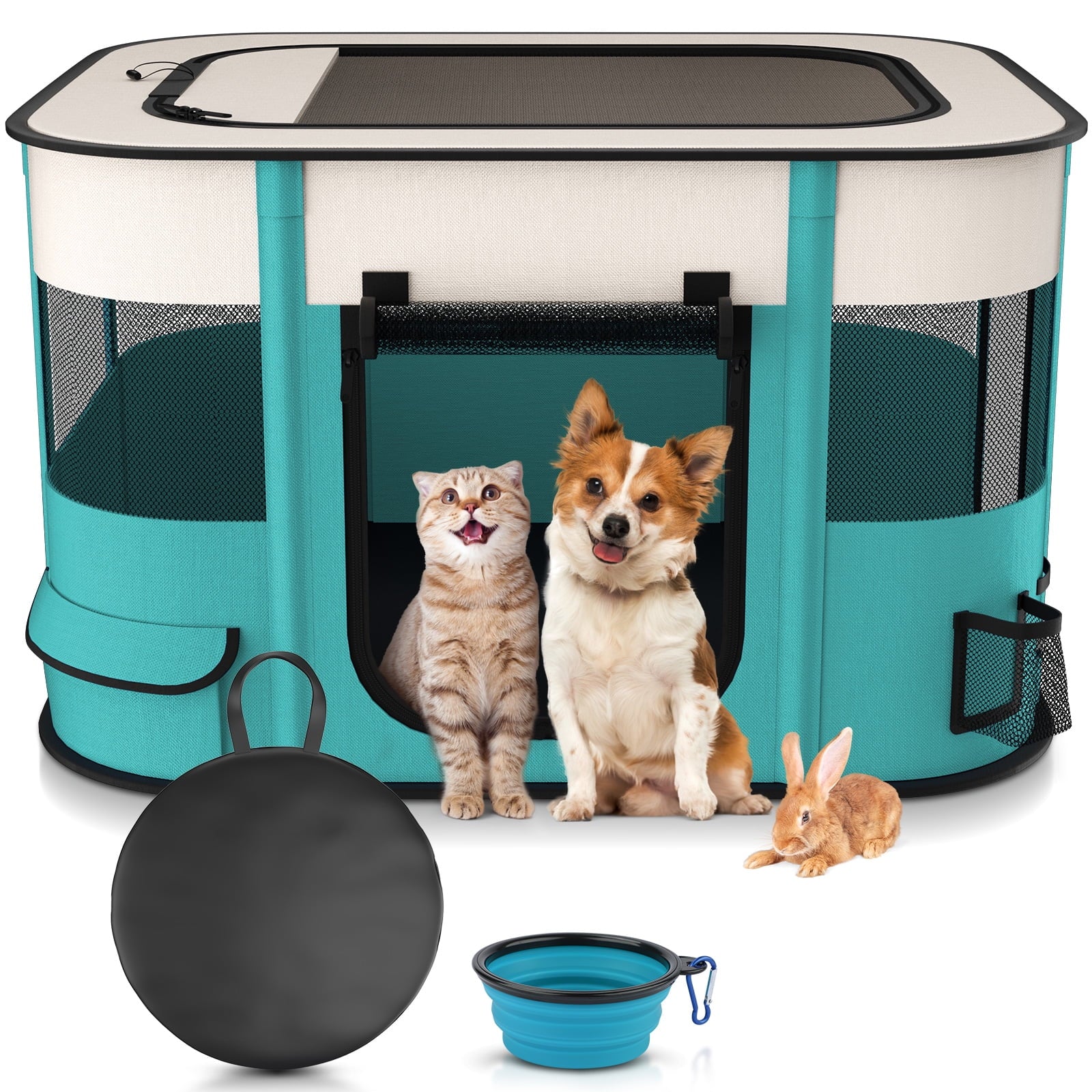 Pet Playpen, Foldable Portable Dog Cat Playpens Exercise Kennel Tent, Removable Shade Cover, Indoor Outdoor Travel Camping Use(M)