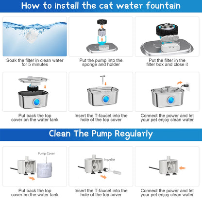 Cat Water Fountain Stainless Steel,  108Oz/3.2L Pet Fountain with Water Level Window, Dog Water Dispenser Drinking Fountain with 4 Replacement Filters for Cats, Dogs, Multiple Pets