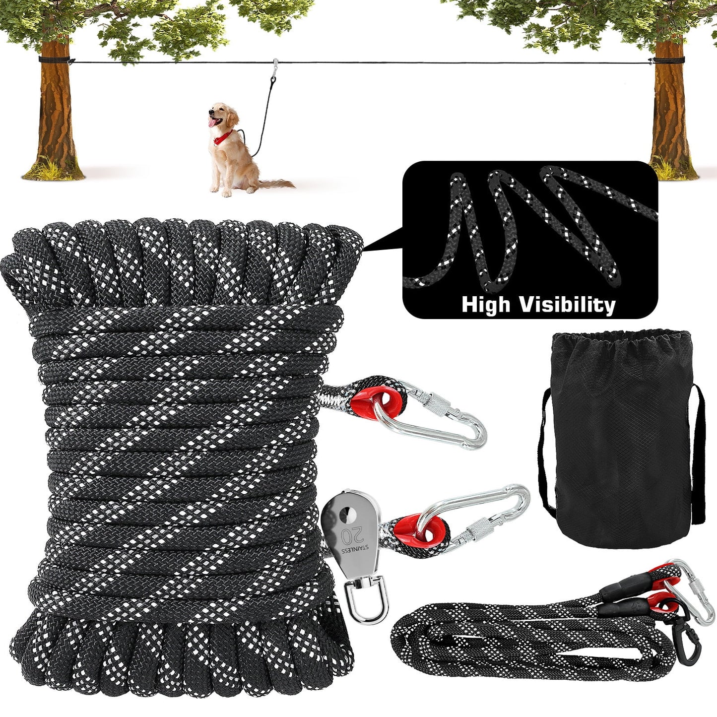 Dog Tie Out Cable for Camping, 50Ft Dog Chair for Yard Hold up to 250Lbs, Portable Pet Camping Essentials for Outside,Black,Nylon