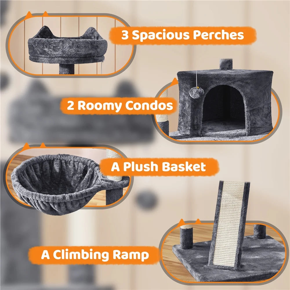 Large Cat Tree Plush Tower with Caves Condos Platforms Scratching Board, Dark Gray