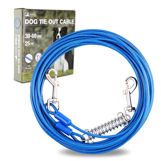 Dog Tie Out Cable 25Ft Dog Tether No Tangle Leash with Heavy Duty Buffer Spring Chew Proof Wire Rope with PVC Coating for Dog up to 90Lbs