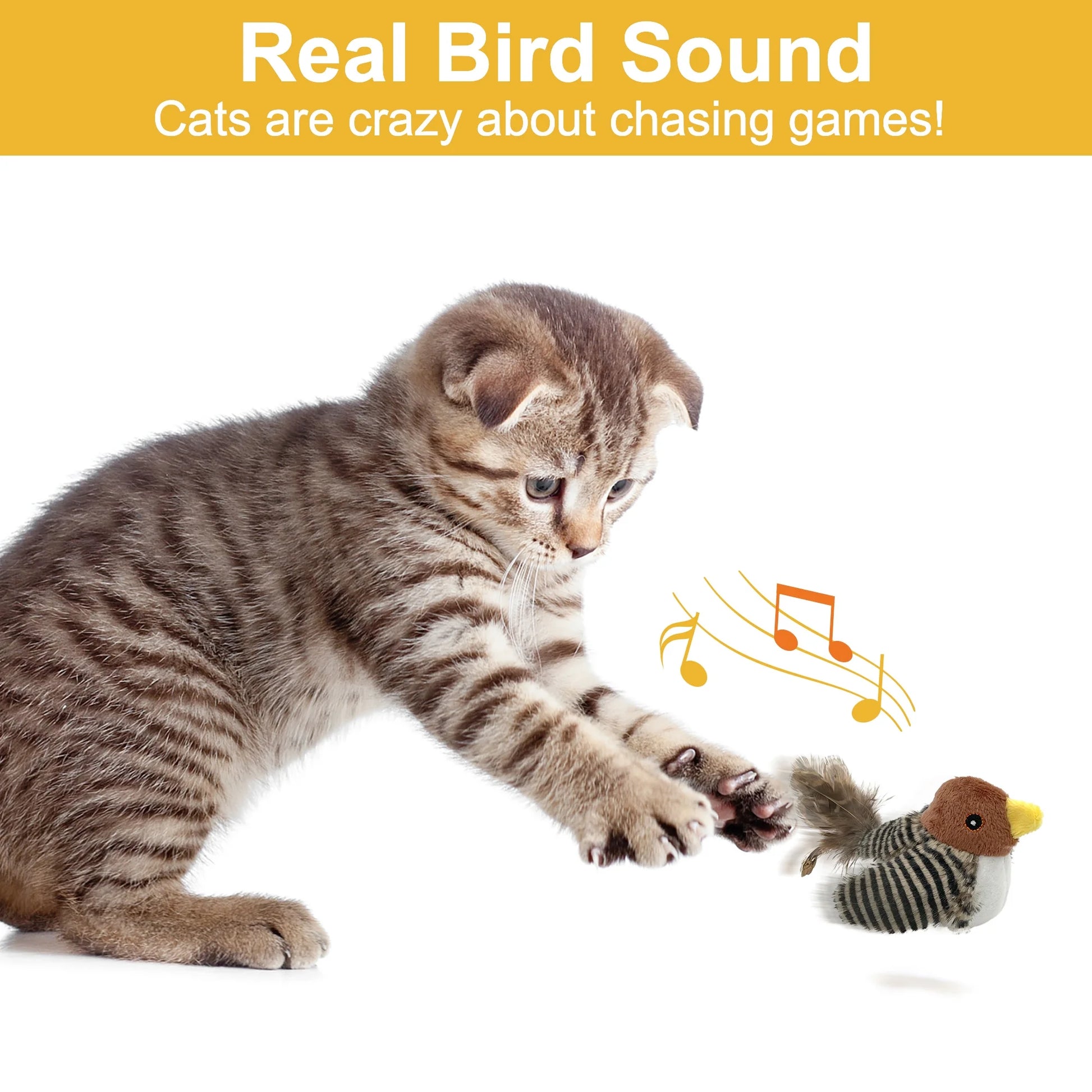 Interactive Electronic Cat Toy, Automatic Chirping Bird Toy Squeaky with Feather Tail, Melody Chaser Toy for Cats to Play Alone, Play and Squeak Kitten Toy for Boredom