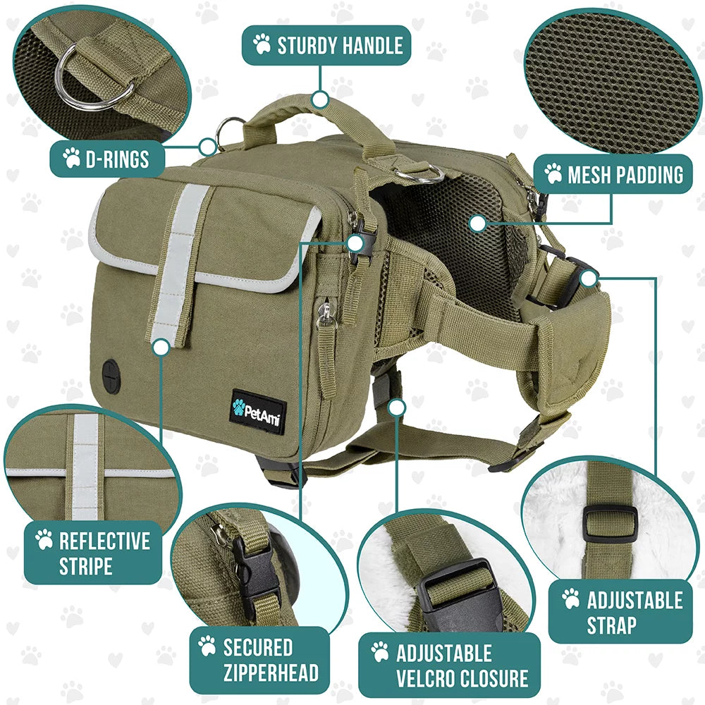 Dog Backpack for Medium Large Dogs, Dog Saddle Bag for Dogs to Wear, Tactical Harness Saddlebag with Reflective Safety Side Pockets Hiking Camping, Vest Dog Pack for Travel (Olive Green, Large)