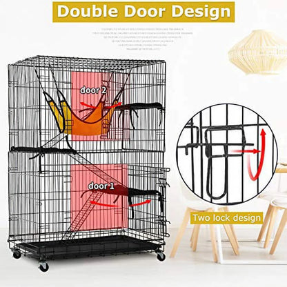 Cat Crate & Dog Kennel, 48", 3 Beds, 2 Doors, Ramp, Perches & Hammock