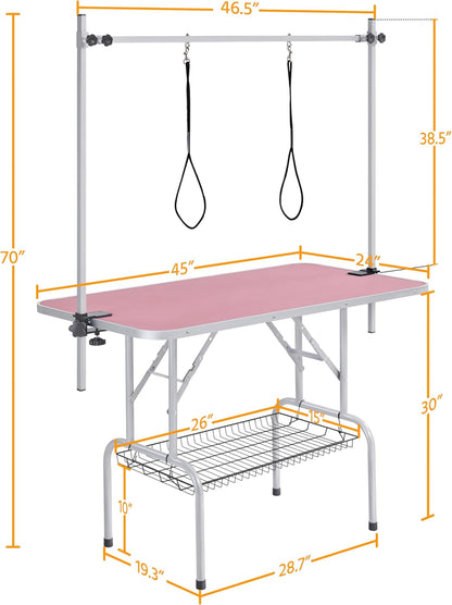 46'' Pet Grooming Table for Large Dogs Adjustable Height - Portable Trimming Table Drying Table W/Arm/Noose/Mesh Tray Maximum Capacity up to 265Lb -Pink